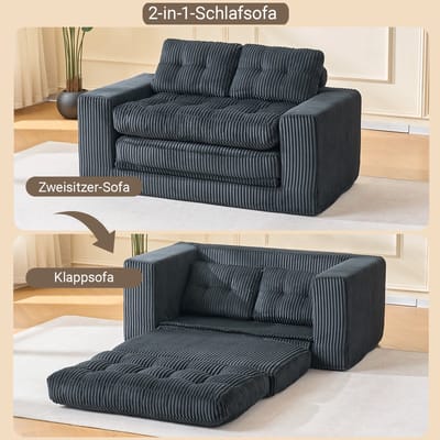 STILVORA Slaapbank 2-Zits - 2-In-1 Uitklapbaar Logeerbed - Voor Kleine Ruimtes En Slaapkamer - Ribstof - Zwart