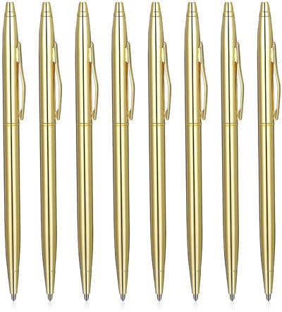Dailygoods- Balpennen 8 Stuks - Slanke Metalen Balpennen - 1 mm Medium Punt - Zwarte Inkt - Draagbaar - Gouden Afwerking - Pennen