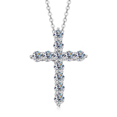Lumici® Exclusive | Sacred Cross Moissanite Ketting - 2.20 Carat Totaal - 11x 0.20CT - GRA Gecertificeerd - Witgoud Gerhodineerd S925 - Luxe Kruis Hanger - Voor Haar - Moederdag - Valentijnscadeau - Verrassing - Goud & Rhodium