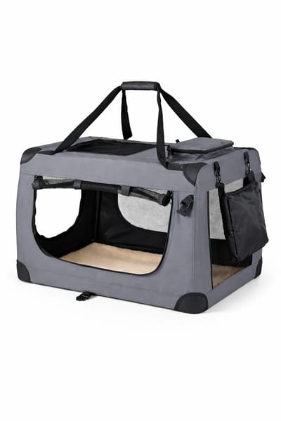 Opvouwbare Hondentransportbox voor Reizen & Auto, 82x58x58 cm, Stevige Draagbox met Handvaten & Deken, tot 18 kg, Duurzame Stoffen Hondenbox, Klein & Groot, Grijs