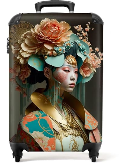 NoBoringSuitcases.com® - Handbagage koffer lichtgewicht - Reiskoffer trolley - Vrouw - Bloemen - Oranje - Portret - Asian - Reis rolkoffer met wieltjes - Cabin koffertje klein - Carryon valies - Harde bagagekoffer - Past binnen 55x40x20 en 55x35x25
