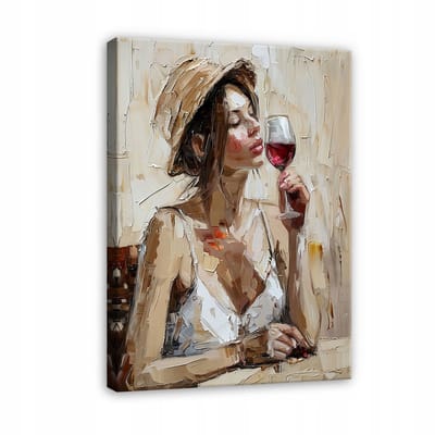 WALLARENA - Canvas schilderij - 100x70 cm - afbeelding van een vrouw met een hoed en wijn voor de slaapkamer of salon