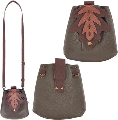 Dailygoods - Middeleeuwse blad PU-lederen draaibare crossbody-tas bruin lederen middeleeuwen schoudertas draagbare vintage renaissance Viking riemtas tas voor Halloween LARP Ren Faire