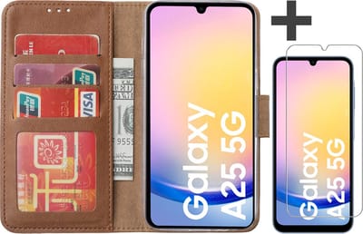Hoesje met Screenprotector Geschikt voor Samsung Galaxy A25 – Arara bookcase met pasjeshouder - Bruin