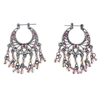 Behave - Dames oorbellen - Zilverkleur roze steentjes - Bohemian 4 cm