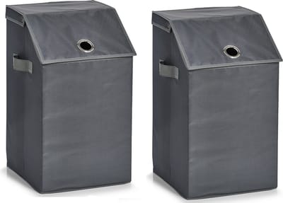 Zeller Wasmand - Set van 2x stuks - antraciet - met deksel - polyester - 34 x 34 x 60 cm - Wasgoedmanden
