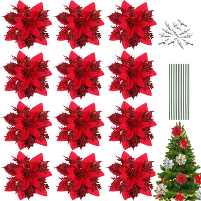Allecto - Kerstster Bloemen - Glitter Decoratie - 12 Stuks - Rood - Kunstmatige Bloemen - Perfect Voor Kerstmis - Interieurdecoratie