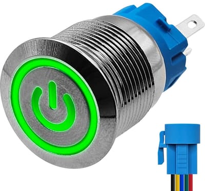 ProRide Metalen Drukschakelaar 12V ON-OFF met Aansluitkabel - 19mm - Aan/uit schakelaar - Spatwaterdicht - 12V/24V - LED Indicatie Groen