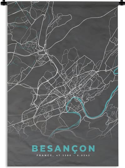 Wandkleed - Wanddoek - Kaart - Plattegrond - Stadskaart - Besançon - Frankrijk - 120x180 cm - Wandtapijt