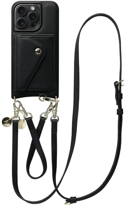 AVY Leren Hoesje geschikt voor Apple iPhone 14 Pro Max | Met Koord en Magnetische Kaarthouder | Compatibel met MagSafe | Leather Case met 30CM & 130CM Koord & Wallet | Leather Set | Zwart