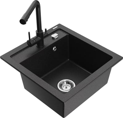 Mexen Vito granieten gootsteen met 1 bak met Duero keukenkraan, zwart/zilver metallic - 6503-73-671600-70
