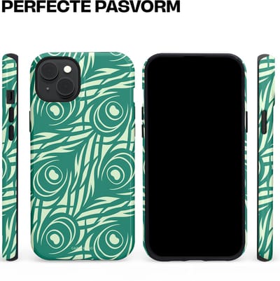 Casetastic hoesje geschikt voor Apple iPhone 15 Plus - MagSafe - Dubbellaagse bescherming - Troste Turquoise Pauw Veren - Fashion Case - Turquoise Mintgroen Crème