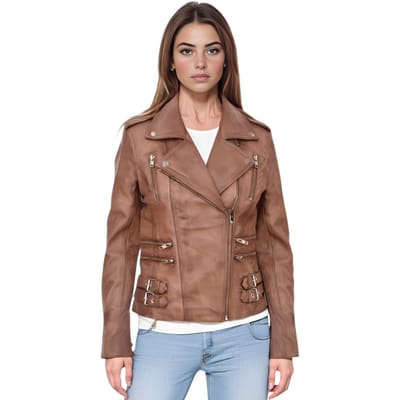 Dames leren bruinbruine Brando bikerjack - Constantia