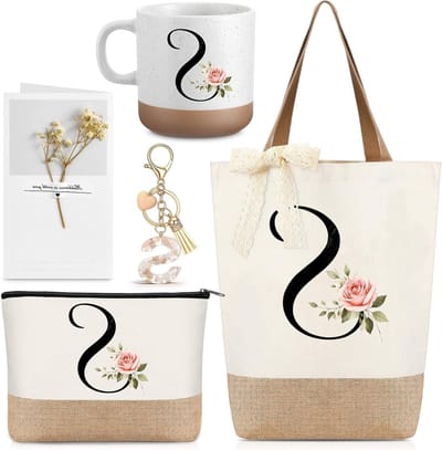 Cadeaus met Initialen voor Vrouwen: Jute Draagtas, Make-Uptasje en Koffiemok voor Verjaardag en Moederdag