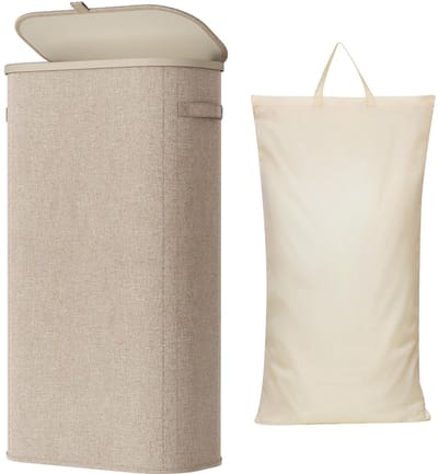 Wasmand met Deksel, Grote met Plastic Handvatten en Een Uitneembare Zak, Opvouwbare Grote Vuilnisbakken voor Vuilnis voor Waskamer, Slaapkamer, Badkamer, Slaapzaal, 75L, Beige