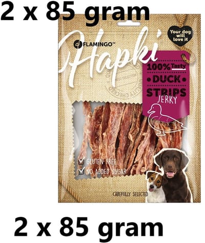 ** 2 X ** flamingo hapki - hondensnack - duck strips dried - 85 gr = 170gr glutenvrij - geen toegevoegde suiker -eendenvlees