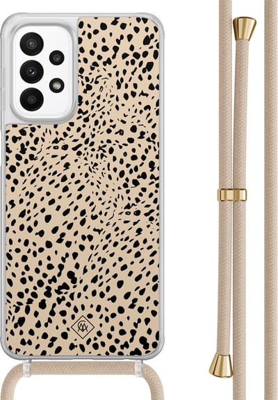 Casimoda® hoesje met beige koord - Geschikt voor Samsung A23 - Stippen bruin abstract - Afneembaar koord - TPU/acryl - Bruin/beige