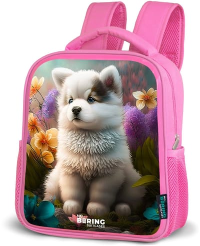 NoBoringSuitcases.com® - Rugzak roze - Schooltas meisjes - Witte puppy in een bloemenweide - Kinder rugtas meisje - Boekentas kind - Kinderrugzak voor school - Schoolrugzak