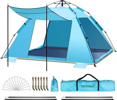 Instant pop-up automatische strandtent voor 3-4 personen - extra groot en draagbaar - UPF 50+ zonwering - met veranda's - Easy Setup - voor picknick en strand