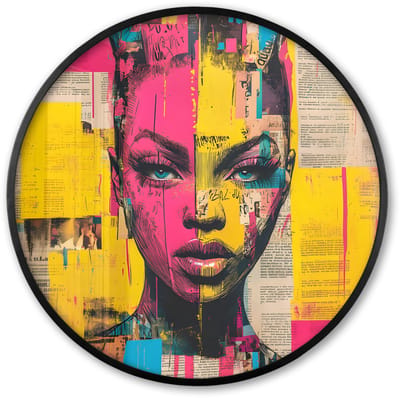 Poster in lijst Rond - Fotolijst 60x60 cm - Posters - Vrouwengezicht - Krantenpapier - Abstract - Roze - Ronde posterlijst zwart - Decoratie - Wanddecoratie woonkamer - Muurdecoratie slaapkamer