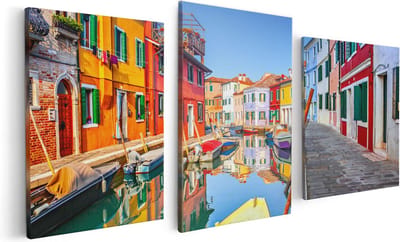 Artaza Canvas Schilderij Drieluik Kleurrijke Huisjes aan het Water in Venetië - 120x60 - Foto Op Canvas - Canvas Print