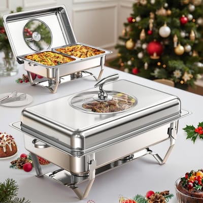 Buffet Warmhoudbak - Chafing Dish Set - Feesten en Partijen - Zichtbaar Glazen Deksel - 9QT 2 Pack - Zilver