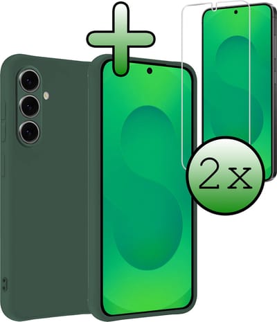 Hoesje Met 2x Screenprotector - Geschikt voor Samsung Galaxy S25 - Sterk & Shockproof - Back Cover - Siliconen Case - Telefoon Hoes - Donkergroen
