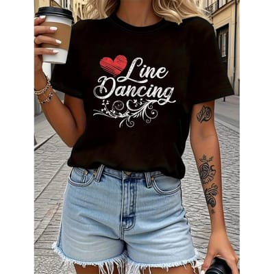 Dames Lijndans Grafisch T-shirt - met Rood Hart & Lijndans Tekstprint, Korte Mouw Ronde Hals Casual Top voor Dans Evenementen M zwart
