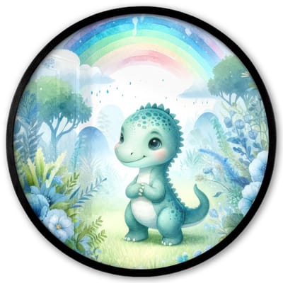 Poster in lijst Rond - Fotolijst 40x40 cm - Posters - Dino - Baby - Regenboog - Pastel kleuren - Ronde posterlijst zwart - Decoratie - Wanddecoratie woonkamer - Muurdecoratie slaapkamer