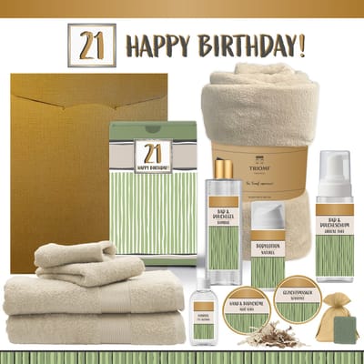 Geschenkset “21 Happy Birthday!” - 12 producten - 1910 gram | Giftset voor haar hem Eenentwintig jaar Cadeau Doos Luxe Wellness Pakket Vrouw Man Speciaal Cadeaupakket Geschenk Douche Verjaardag Feestje Twenty-one Diner Party Gift Set Groen Beige Goud