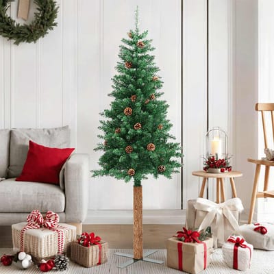 vidaXL - Kerstboom - met - echt - hout - en - dennenappels - smal - 150 - cm - PVC - groen