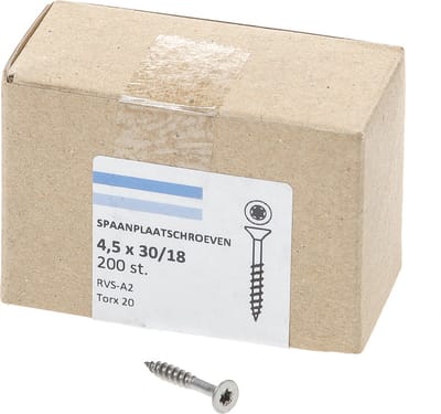 Hoenderdaal Spaanplaatschroef RVS platverzonken kop TX20 deeldraad 4.5X30/18 (per 200 stuks)
