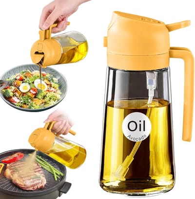 Famanu - 2-delige olijfoliedispenser, 2-in-1 olieverstuiver voor koken, 16oz/470ml glazen olieverstuiverfles, en van voedingskwaliteit voor keuken, BBQ (oranje)