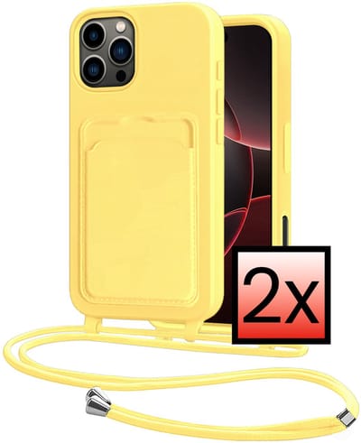 Hoes Geschikt voor iPhone 16 Pro Hoesje Pasjeshouder Cover Met Koord Case Siliconen Hoes Met Telefoonkoord en Kaarthouder - Geel - 2 PACK