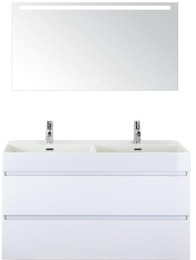 Maxx XL Badmeubelset 120 cm - Wit Hoogglans - Wastafel Kube Dubbel 2 Kraangaten met Sence Spiegel