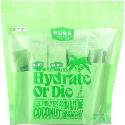 BUBS Naturals, Hydrate or Die, Préparation pour boisson électrolytique biologique, Noix de coco, 18 sachets, 11 g (12,6 g) Chaque
