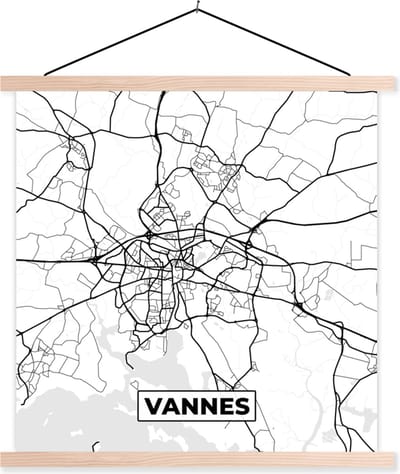 Posterhanger incl. Poster 40x40 cm - Schoolplaat - Stadskaart - Plattegrond - Kaart - Frankrijk - Vannes - Zwart wit - Textielposter - Blanke latten - Stadskaart