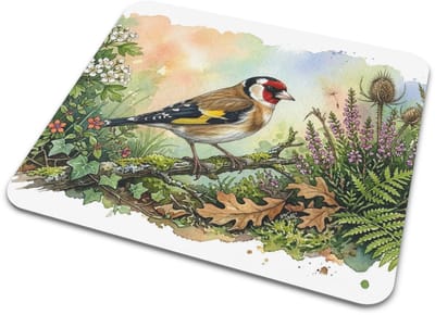 Muismat "Aquarel Series" Tuinvogels met Putter of Distelvink tussen Heide & Distels - Kleurrijke Dieren Muismat voor Computerwerk - Persoonlijk Cadeau voor haar: Vrouw, Vriendin & Collega - Botanische Werkplek