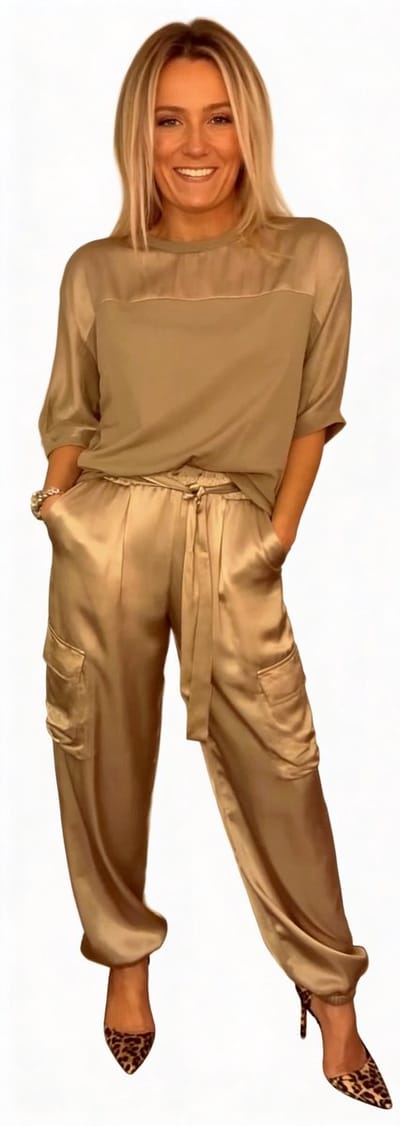 Dames Pak Goud - Zomer - Satijn Look - Kledingset - Trui en Broek