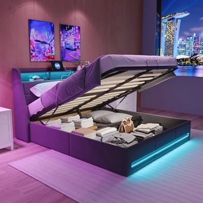 Tweepersoonsbed 160x200 cm met LED-verlichting en USB-oplaadfunctie, hydraulisch opbergbed zonder matras