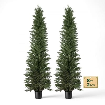 VEVOR Kunstplantenset 2 stuks. Kunstmatige cipressen met PP-pot 2438mm, decoratieve plant voor balkon, kantoor, veranda, terras, tuin, UV-bestendig, groenblijvende kunstboom gemaakt van PE, levensecht, binnen en buiten.