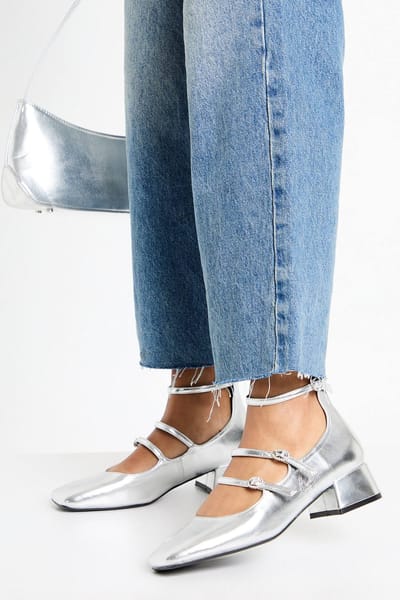 boohoo Dames Mary Jane schoenen met vierkante teen en drievoudige bandjes | Zilver | Maat: 39