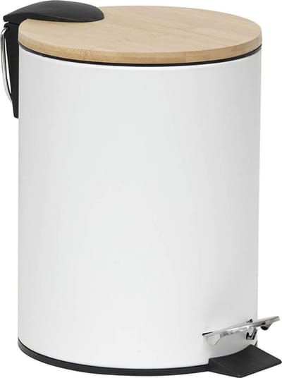 Stijlvolle Design Prullenbak met Bamboe deksel – Wit/Bamboe – Klein formaat – 2.5L – Badkamer – Toilet – Keuken – Kantoor – Prullenbak 17x20x23cm – Soft Close