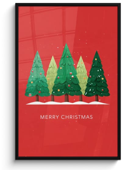 Poster in lijst - Fotolijst 80x120 cm - Posters - Minimalistisch - Kerstbomen - Rood - Sneeuw - Posterlijst zwart - Decoratie - Wanddecoratie woonkamer - Muurdecoratie slaapkamer - Kerstversiering - Kerstdecoratie voor binnen - Kerstmis