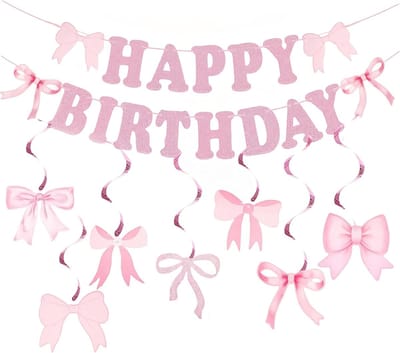 24 Pieces Birthday Decoration with Pink Bowknot Happy Birthday Banner Pink Birthday Party Decoration for Girls and - ShopVlot
