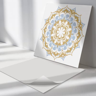 Wallfluent Vinyl Tegels - Bloemenmandalapatroon Zelfklevende Vinyl Tegels - 30 cm x 30 cm - Beige Vinyl Tegels - Set van 9 - Vierkant PVC Tegels - Patroon Plaktegels - Vinyl Wandtegels - Plaktegels Keuken en Badkamer