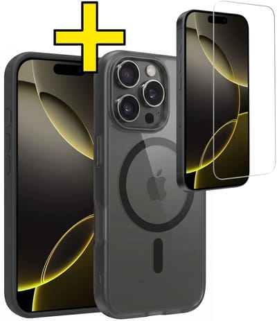 Hoesje - Met Screenprotector - Geschikt voor Apple iPhone 16 Pro - Magsafe Compatible - Sterk & Shockproof - Back Cover - Shock Proof Case - Telefoon Hoes - Telefoonhoesjes - Zwart