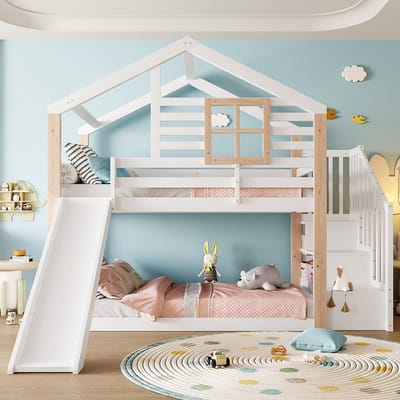 Pugsdrly Kinderstapelbed met glijbaan en trap in Scandinavische stijl, massief houten constructie, stabiel & veilig, met leuning & opbergruimte, ruimtebesparend, ideaal voor broers en zussen, EN 747-1:2024-gecertificeerd
