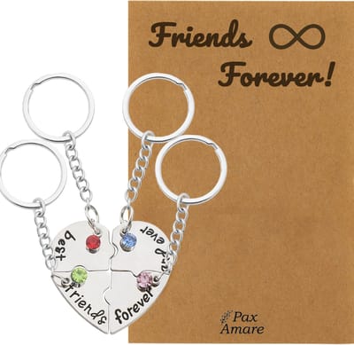 BFF Sleutelhanger voor 4 ' Friends Forever' - Hartje Puzzelstukjes & Kristal - Sleutelhanger set op Cadeau Kaartje - Zilverkleurig - Vriendschap Symbool - Pax Amare