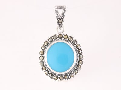 Ovale zilveren hanger met blauwe turkoois en marcasiet